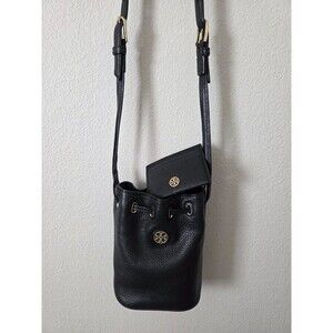 Tory Burch Mini Pebbled Leather Bucket Bag Black Crossbody + TB Card Case Bundle